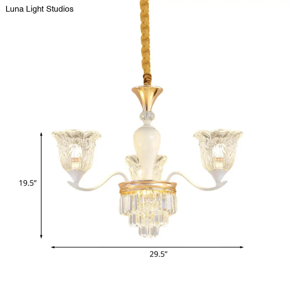 Traditional Clear Crystal Glass Chandelier Lamp - Blossom Bedroom Pendant (3/6-Head) In Gold