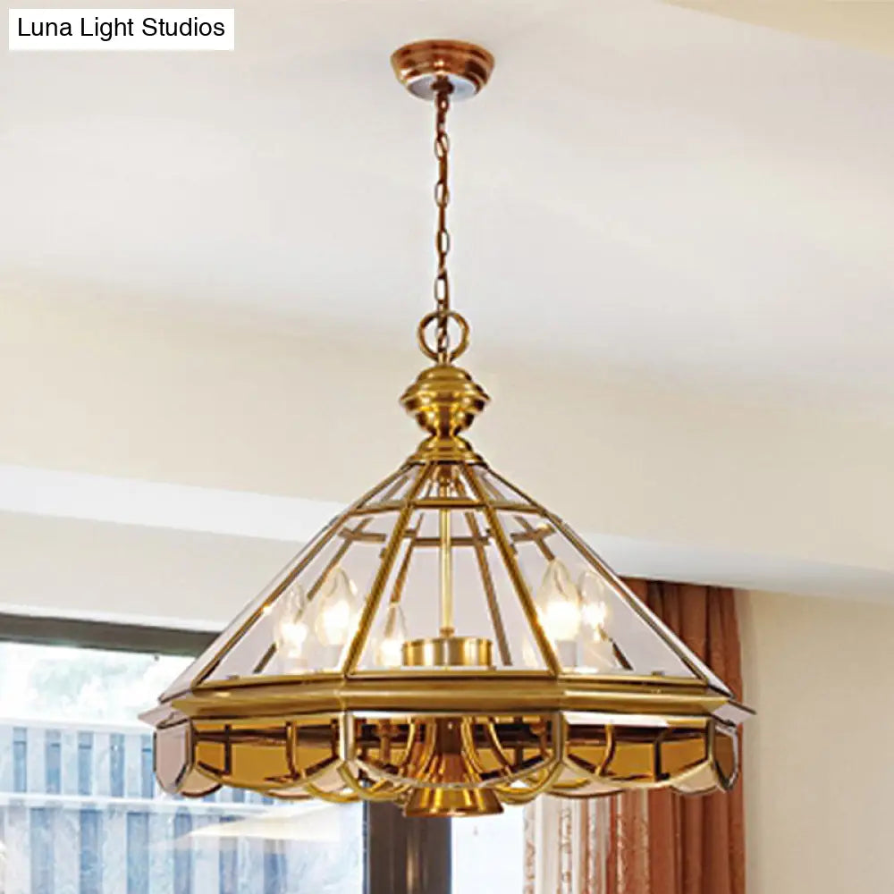 Traditional Clear Glass Cone Pendant Chandelier - 6 Bulbs Brass Ceiling Light