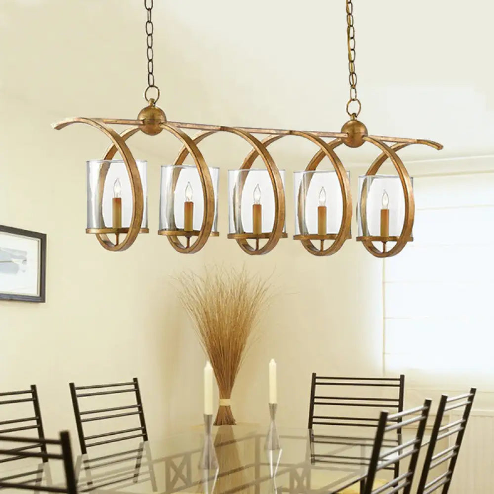 Traditional Clear Glass Hanging Light - Antique Brass/Aged Silver Cylinder Island Lighting Fixture