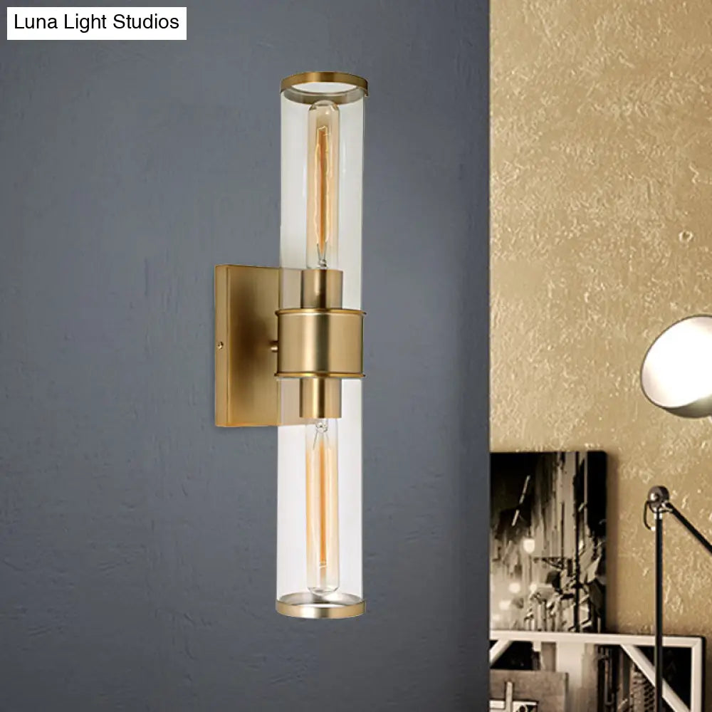 Traditional Clear Glass Tube Wall Lamp With 2 Bulbs - Brass/Chrome Sconce For Bedside