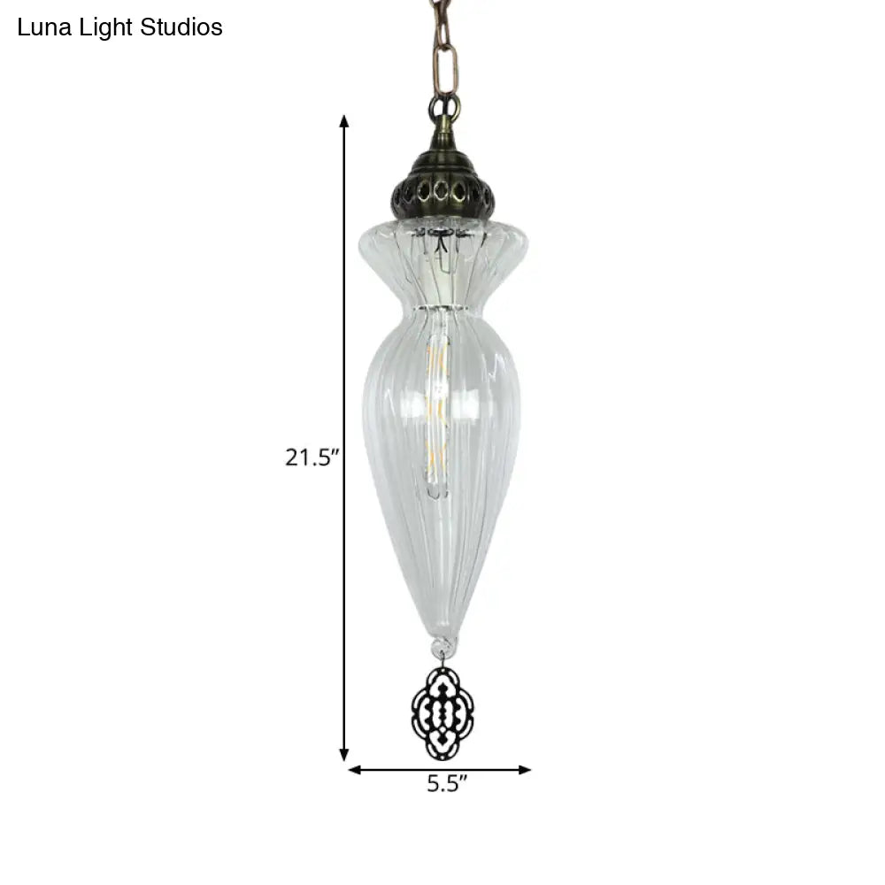 Traditional Clear Ribbed Glass Hanging Pendant Light For Dining Room - Gourd Design 1 Head Ceiling