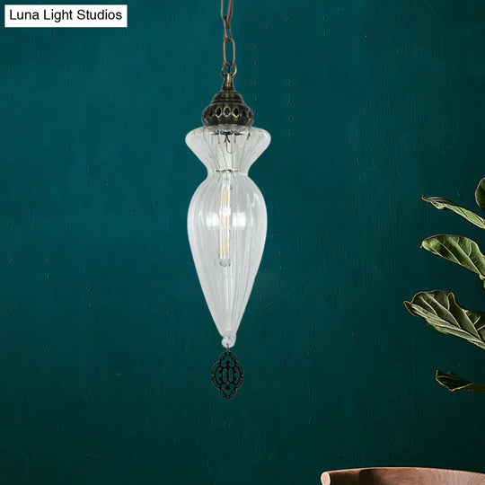 Traditional Clear Ribbed Glass Hanging Pendant Light For Dining Room - Gourd Design 1 Head Ceiling