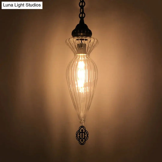 Traditional Clear Ribbed Glass Hanging Pendant Light For Dining Room - Gourd Design 1 Head Ceiling