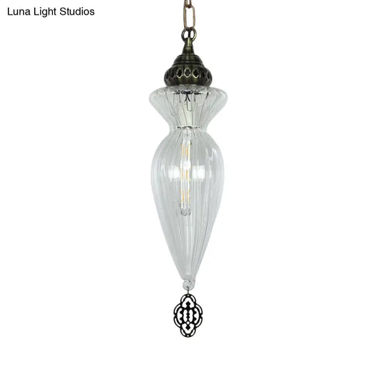 Traditional Clear Ribbed Glass Hanging Pendant Light For Dining Room - Gourd Design 1 Head Ceiling