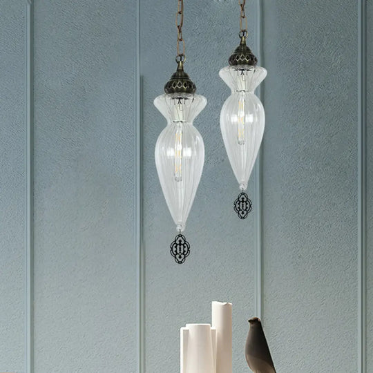 Traditional Clear Ribbed Glass Hanging Pendant Light For Dining Room - Gourd Design 1 Head Ceiling