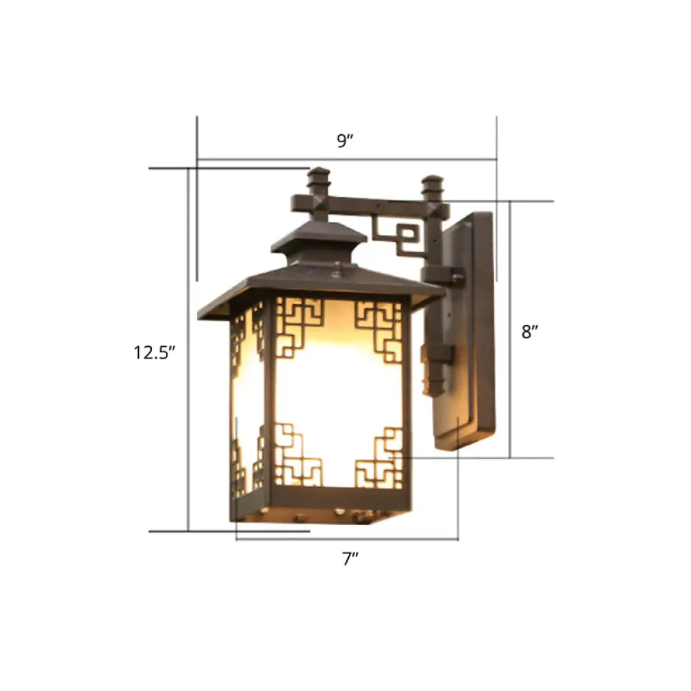 Traditional Coffee Finish Outdoor Sconce Lamp With Frosted Glass Rectangle Wall Light / 11.5 Lace