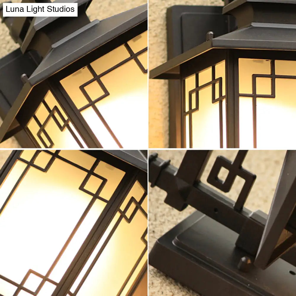 Traditional Coffee Finish Outdoor Sconce Lamp With Frosted Glass Rectangle Wall Light