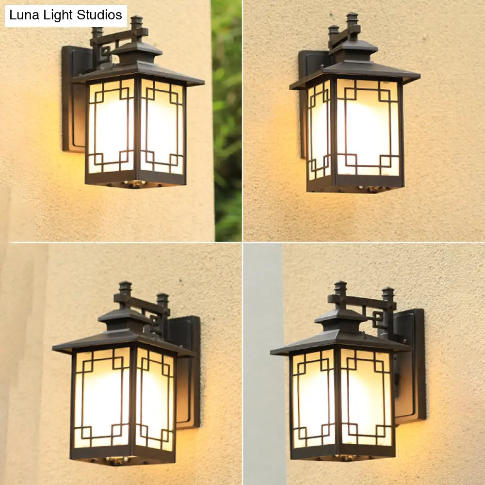 Traditional Coffee Finish Outdoor Sconce Lamp With Frosted Glass Rectangle Wall Light