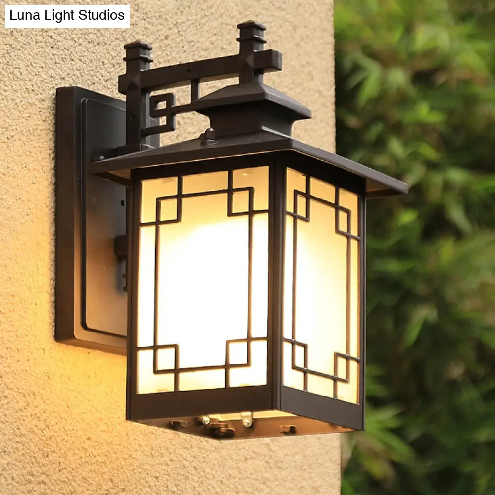 Traditional Coffee Finish Outdoor Sconce Lamp With Frosted Glass Rectangle Wall Light