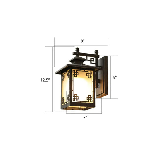 Traditional Coffee Finish Outdoor Sconce Lamp With Frosted Glass Rectangle Wall Light / 9 Bowknot