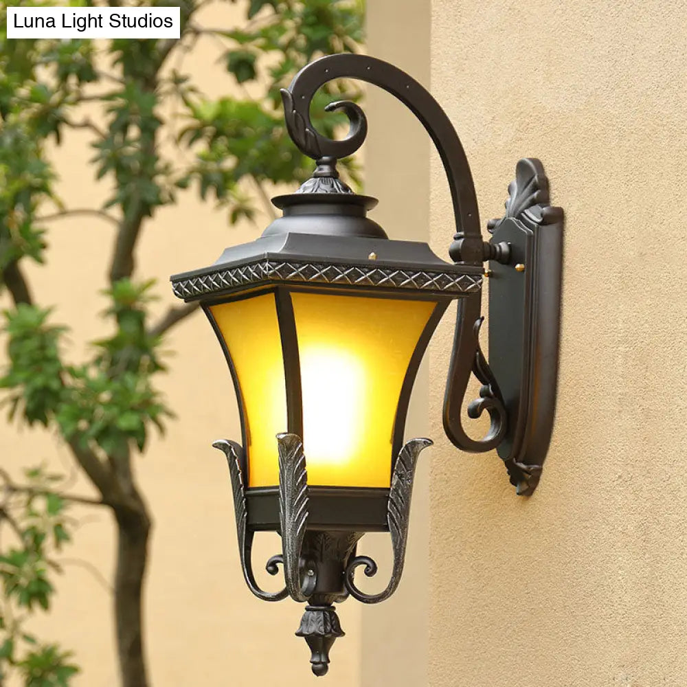 Traditional Coffee Square Bell Outdoor Wall Light Fixture With Tan Glass Mount - 1 Head