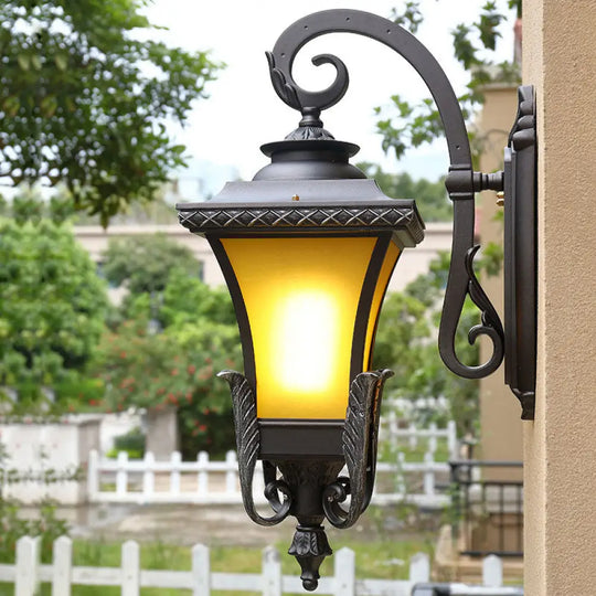 Traditional Coffee Square Bell Outdoor Wall Light Fixture With Tan Glass Mount - 1 Head / Small