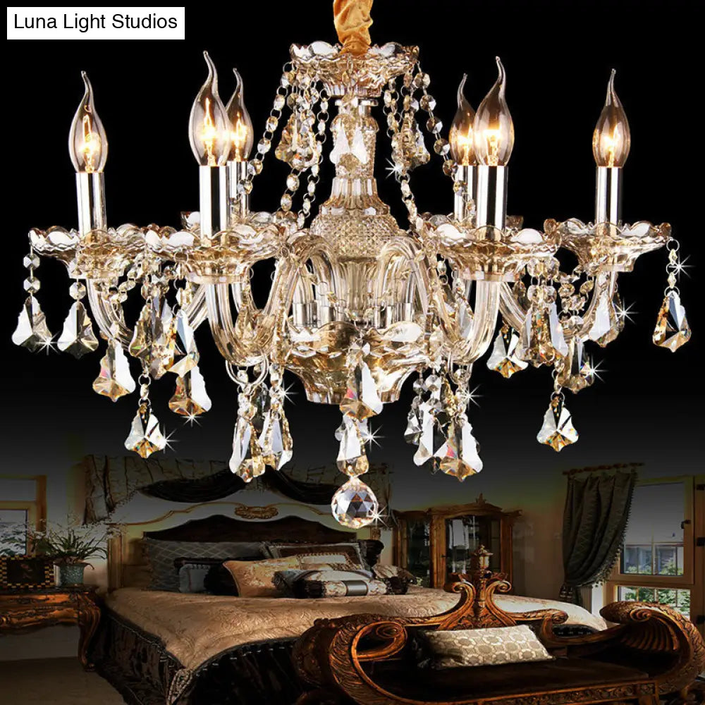 Traditional Cognac Glass Crystal Chandelier - Elegant Bedroom Suspension Lamp