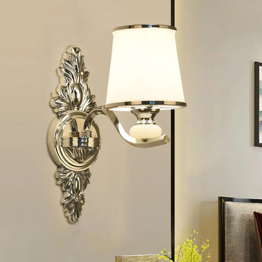 Traditional Cone Bedroom Wall Light Fixture With White Glass & Carved Chrome/Gold Backplate 1 /