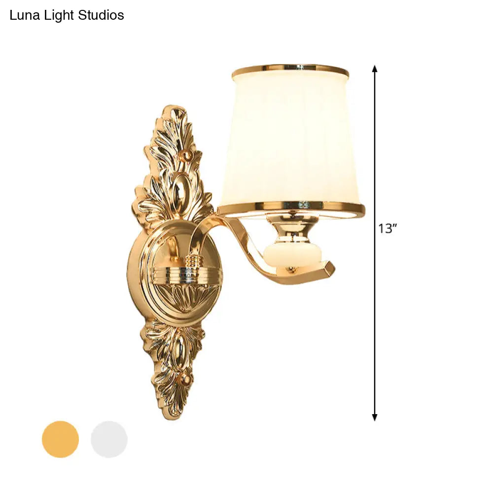 Traditional Cone Bedroom Wall Light Fixture With White Glass & Carved Chrome/Gold Backplate