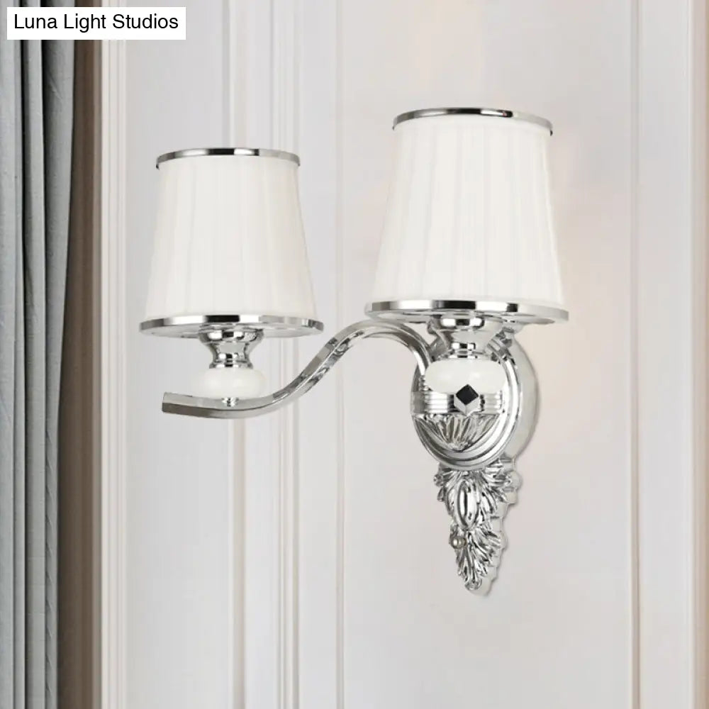 Traditional Cone Bedroom Wall Light Fixture With White Glass & Carved Chrome/Gold Backplate