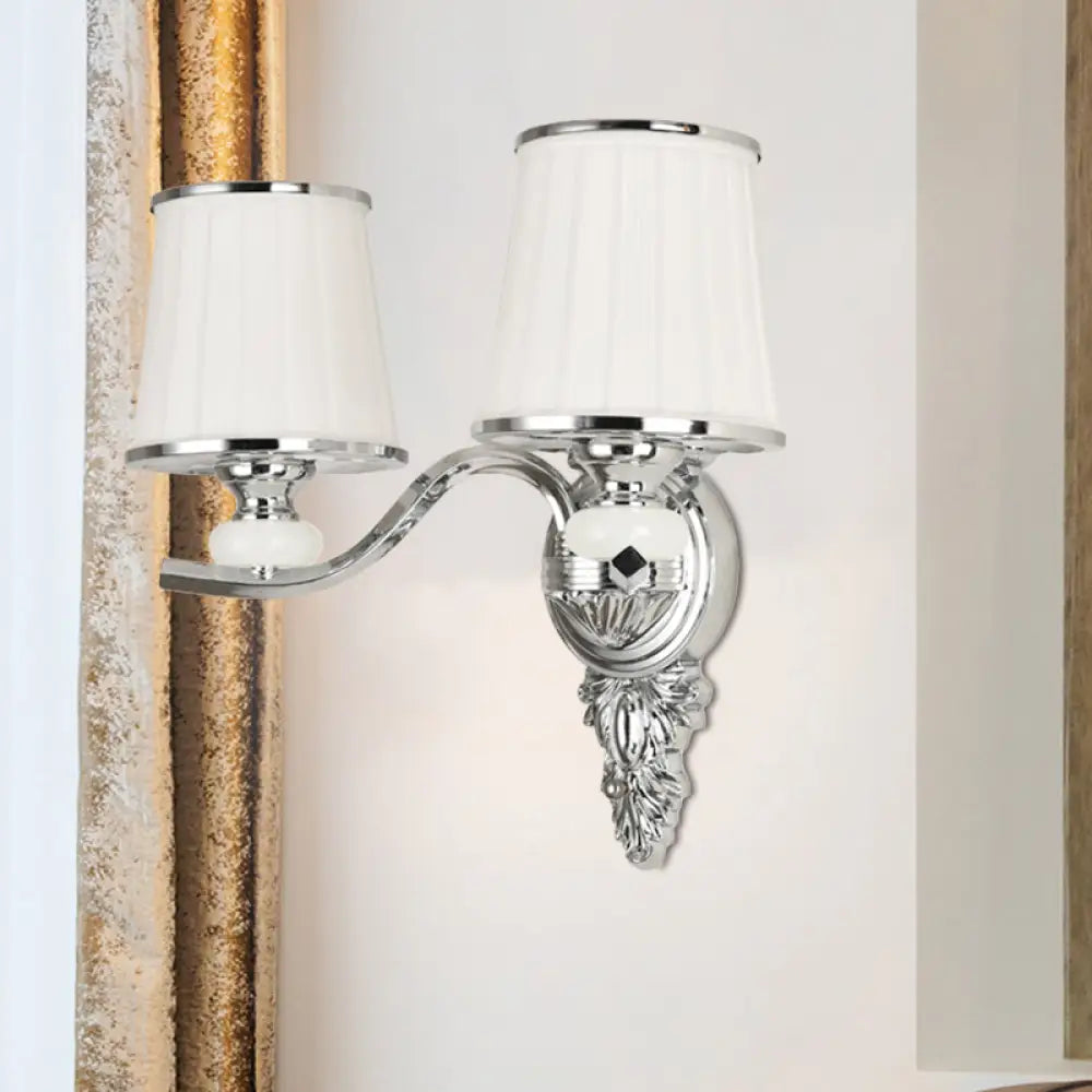 Traditional Cone Bedroom Wall Light Fixture With White Glass & Carved Chrome/Gold Backplate 2 /