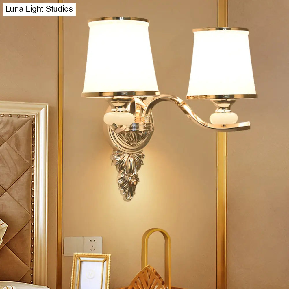 Traditional Cone Bedroom Wall Light Fixture With White Glass & Carved Chrome/Gold Backplate