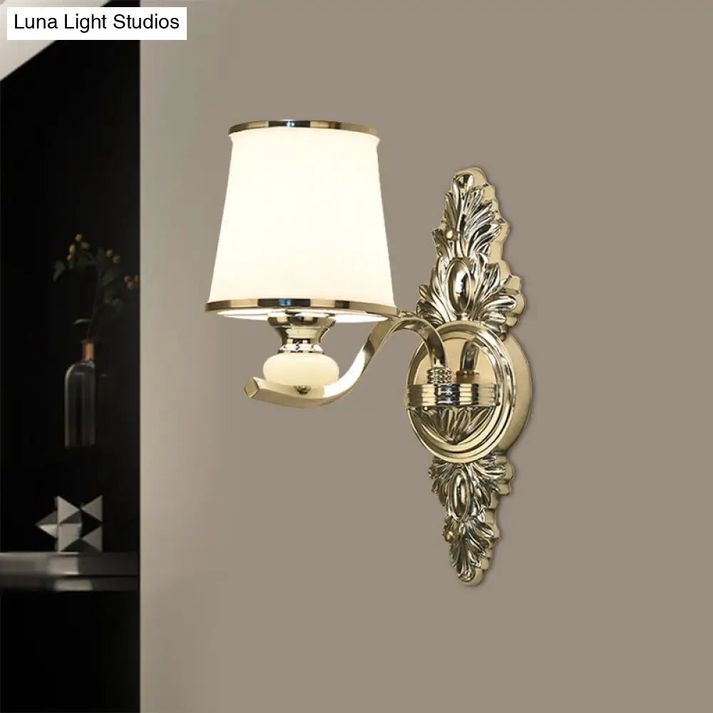 Traditional Cone Bedroom Wall Light Fixture With White Glass & Carved Chrome/Gold Backplate