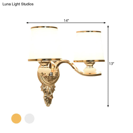 Traditional Cone Bedroom Wall Light Fixture With White Glass & Carved Chrome/Gold Backplate