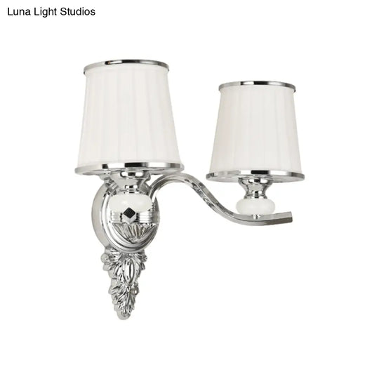 Traditional Cone Bedroom Wall Light Fixture With White Glass & Carved Chrome/Gold Backplate