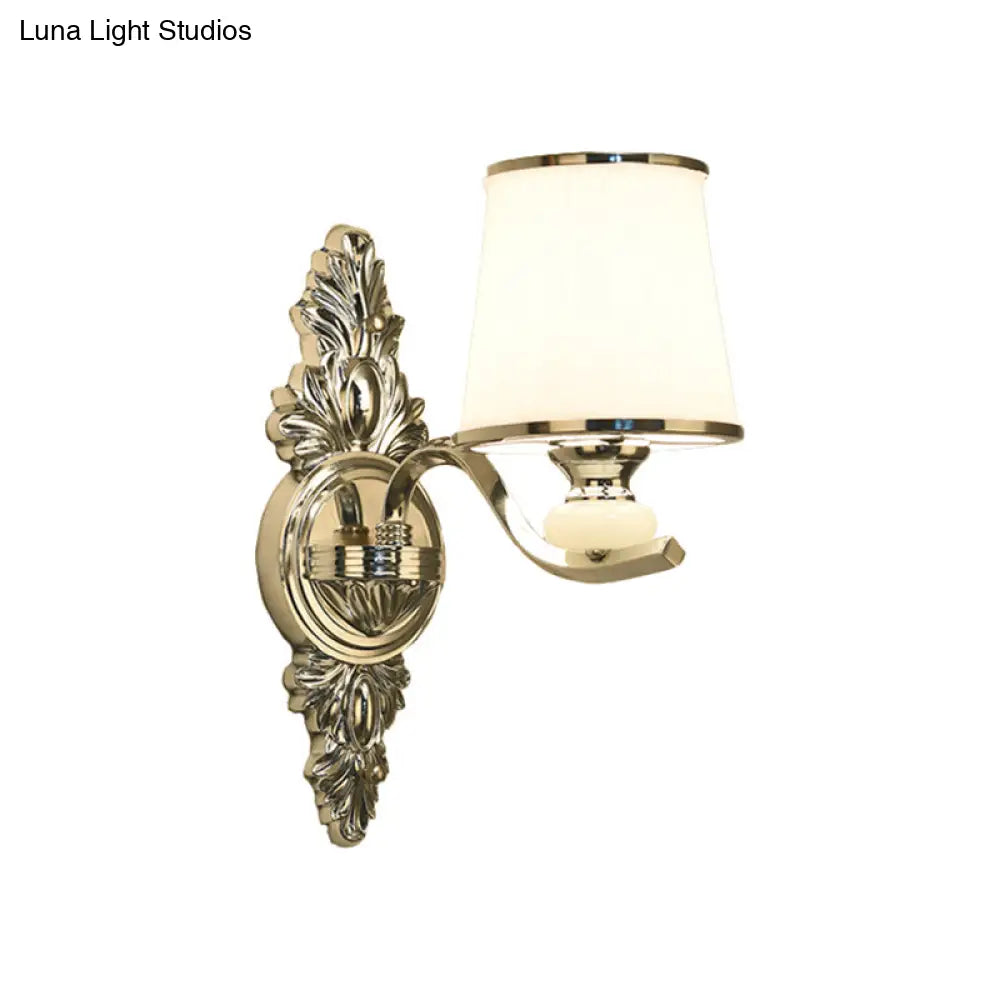 Traditional Cone Bedroom Wall Light Fixture With White Glass & Carved Chrome/Gold Backplate