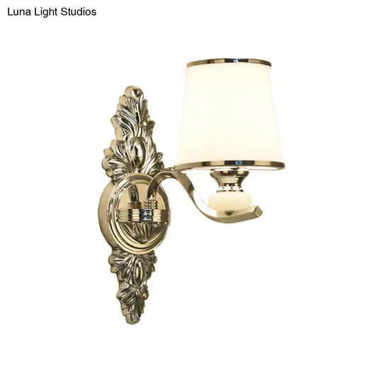 Traditional Cone Bedroom Wall Light Fixture With White Glass & Carved Chrome/Gold Backplate