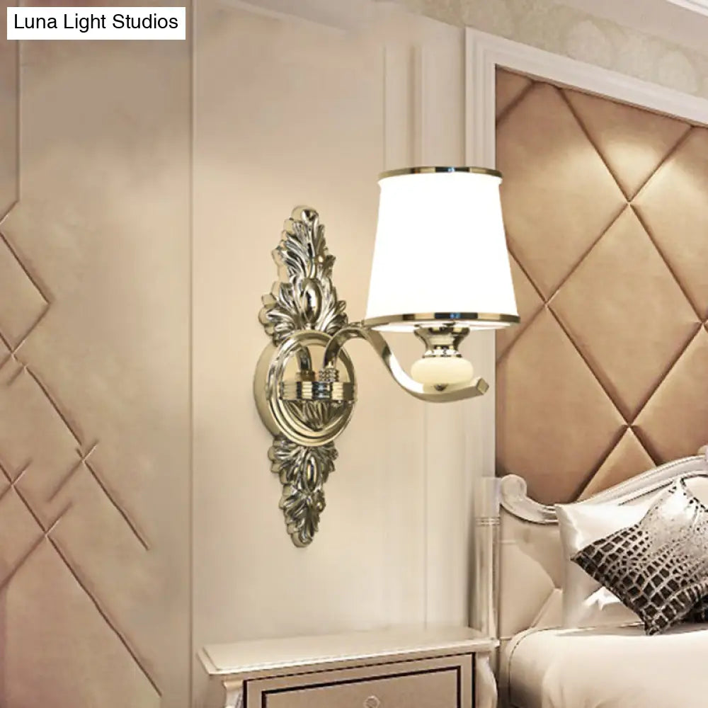 Traditional Cone Bedroom Wall Light Fixture With White Glass & Carved Chrome/Gold Backplate