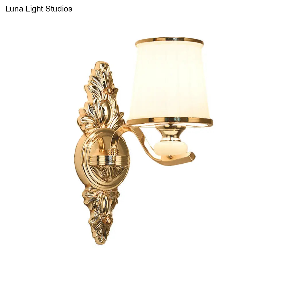 Traditional Cone Bedroom Wall Light Fixture With White Glass & Carved Chrome/Gold Backplate