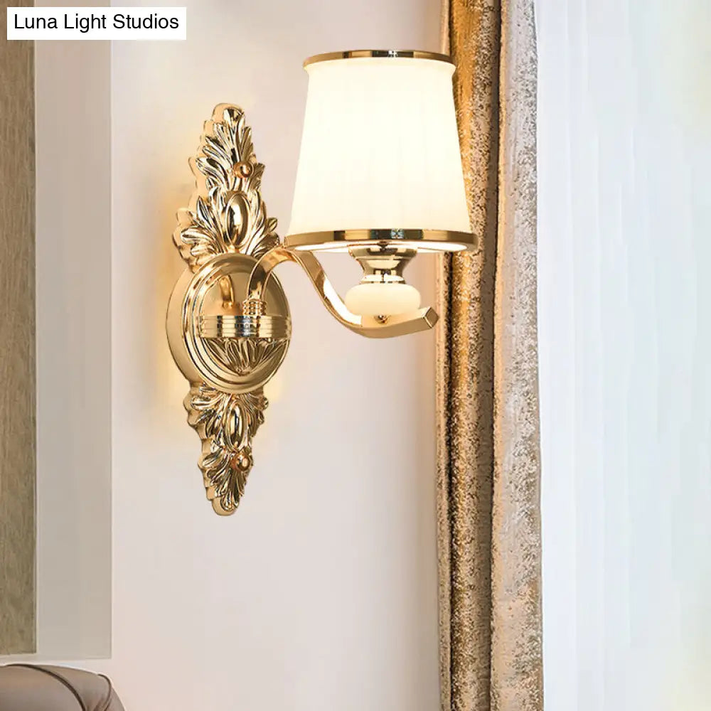 Traditional Cone Bedroom Wall Light Fixture With White Glass & Carved Chrome/Gold Backplate