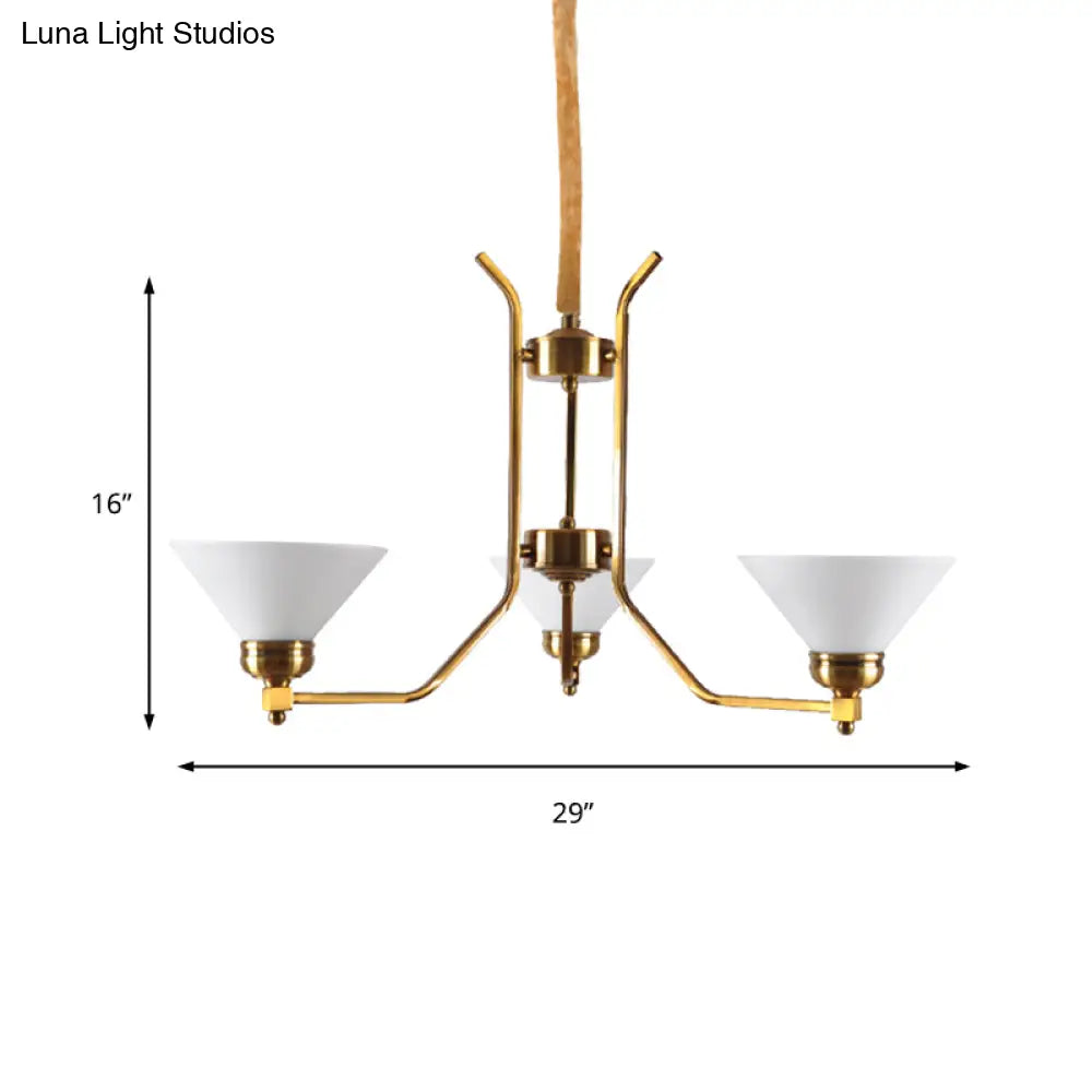 Traditional Cone Chandelier: White Glass Pendant Lighting With 3/6 Gold Lights For Living Room