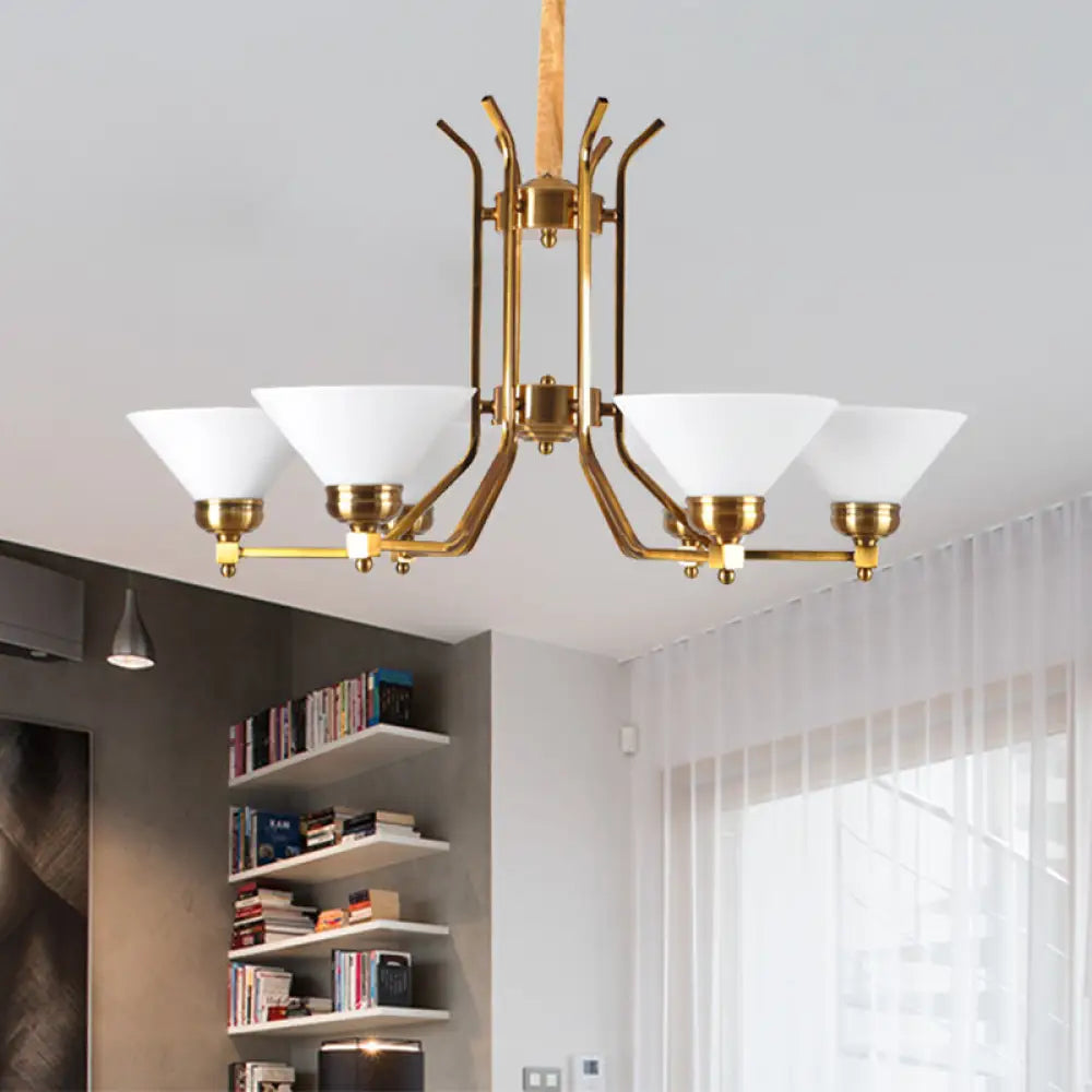 Traditional Cone Chandelier: White Glass Pendant Lighting With 3/6 Gold Lights For Living Room 6 /