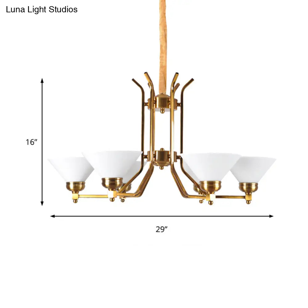 Traditional Cone Chandelier: White Glass Pendant Lighting With 3/6 Gold Lights For Living Room