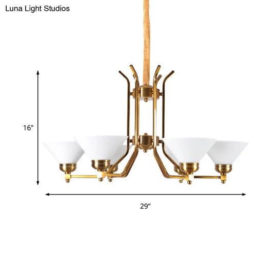 Traditional Cone Chandelier: White Glass Pendant Lighting With 3/6 Gold Lights For Living Room