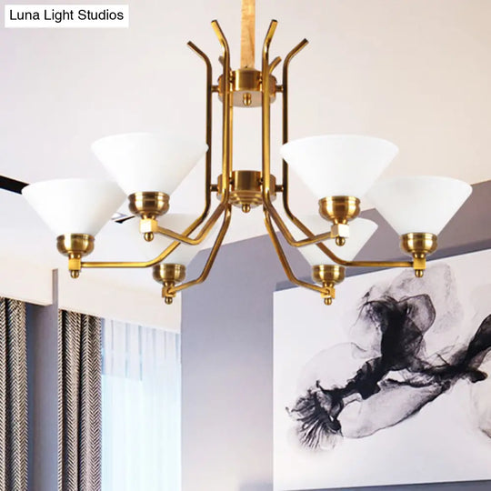 Traditional Cone Chandelier: White Glass Pendant Lighting With 3/6 Gold Lights For Living Room