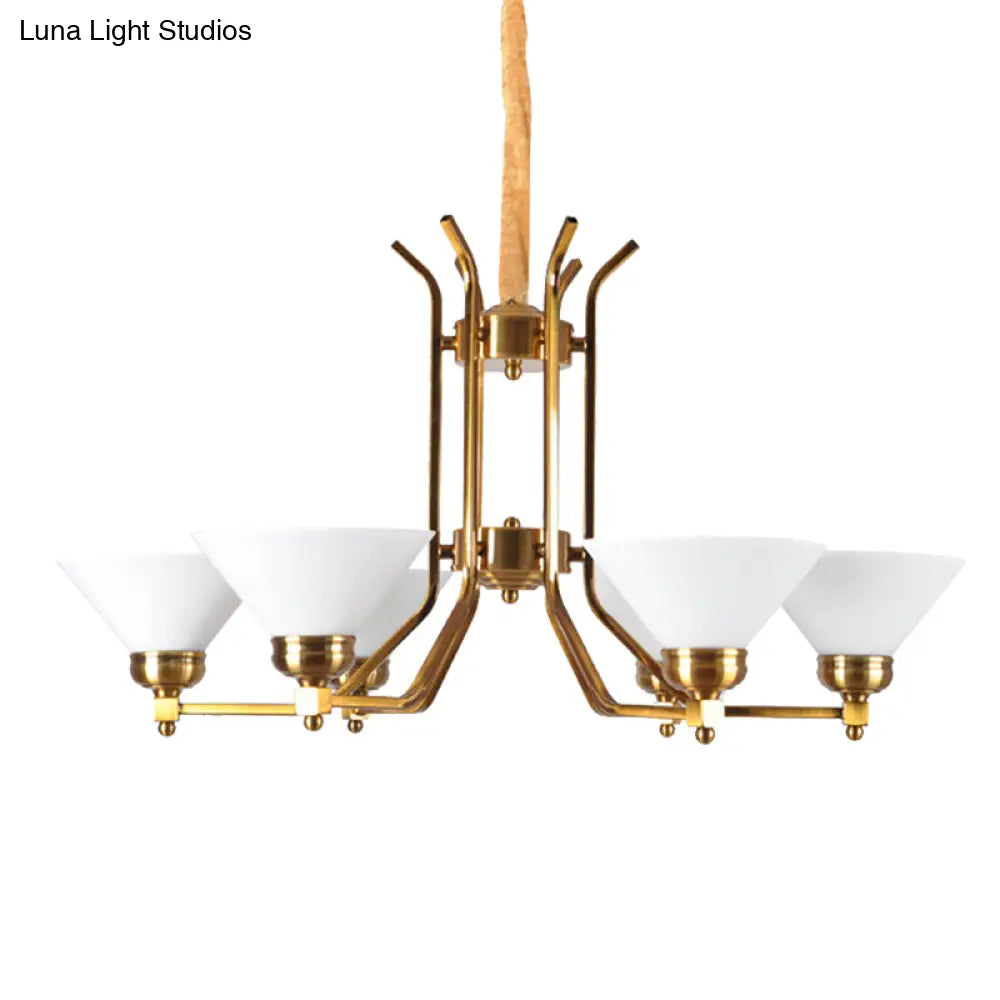 Traditional Cone Chandelier: White Glass Pendant Lighting With 3/6 Gold Lights For Living Room