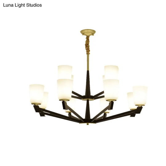 Traditional Cone Frosted Glass Chandelier In Black - Pendant Lighting For Living Room: 6/8/12 Lights