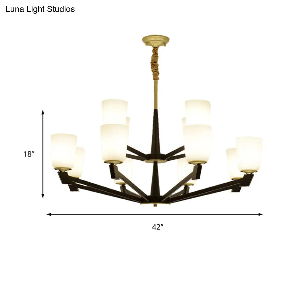 Traditional Cone Frosted Glass Chandelier In Black - Pendant Lighting For Living Room: 6/8/12 Lights