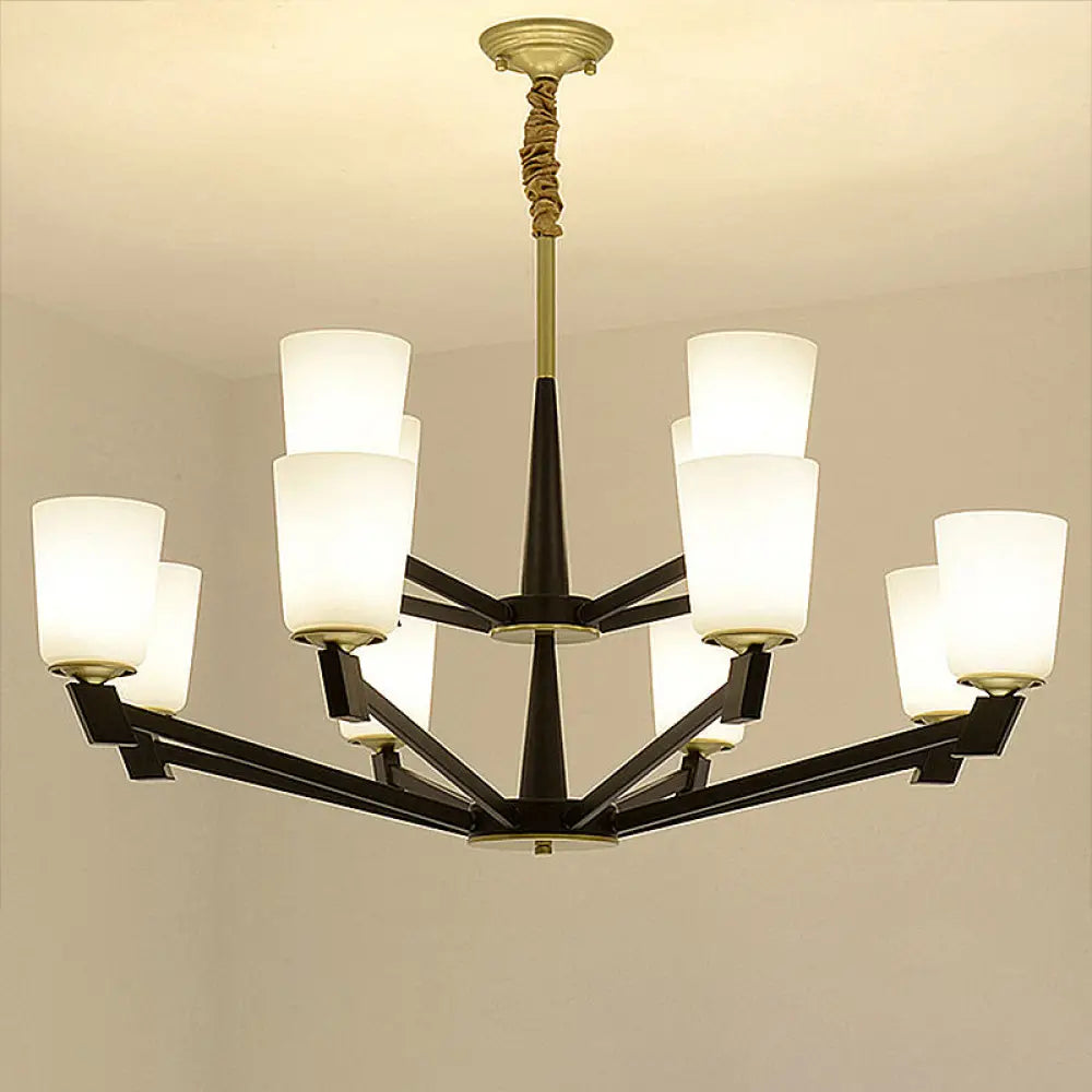 Traditional Cone Frosted Glass Chandelier In Black - Pendant Lighting For Living Room: 6/8/12 Lights