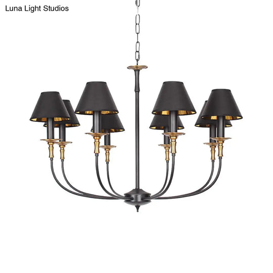 Classic Cone Shape Chandelier - Fabric Pendant In Black/Chrome With Swooping Arm 3/4/6 Head Options