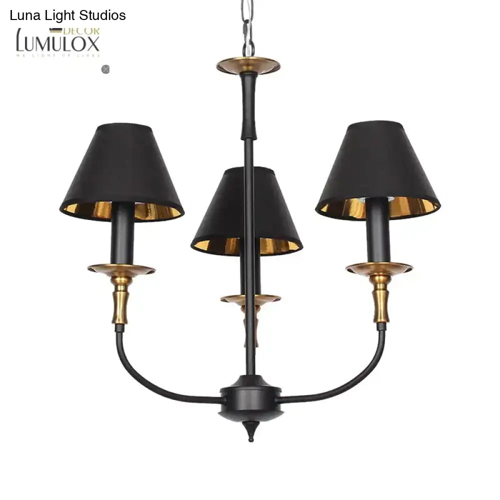 Traditional Cone Shape Chandelier 3/4/6-Head Fabric Hanging Pendant In Black/Chrome With Swooping