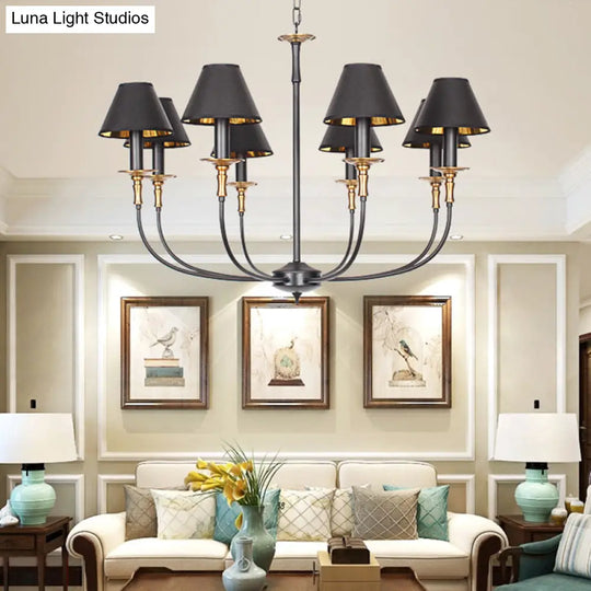 Classic Cone Shape Chandelier - Fabric Pendant In Black/Chrome With Swooping Arm 3/4/6 Head Options