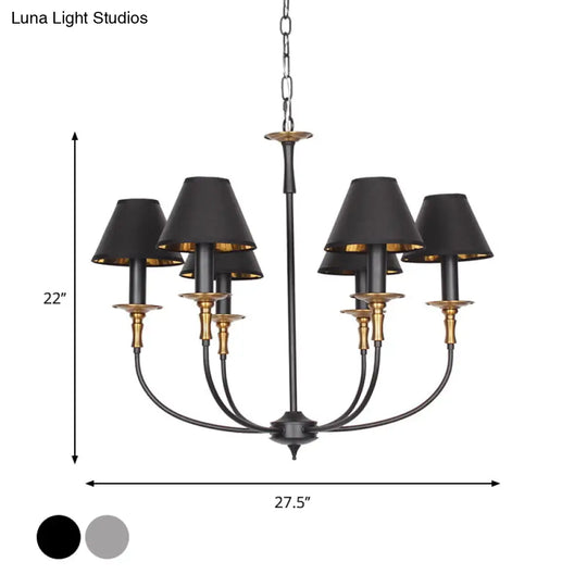 Classic Cone Shape Chandelier - Fabric Pendant In Black/Chrome With Swooping Arm 3/4/6 Head Options