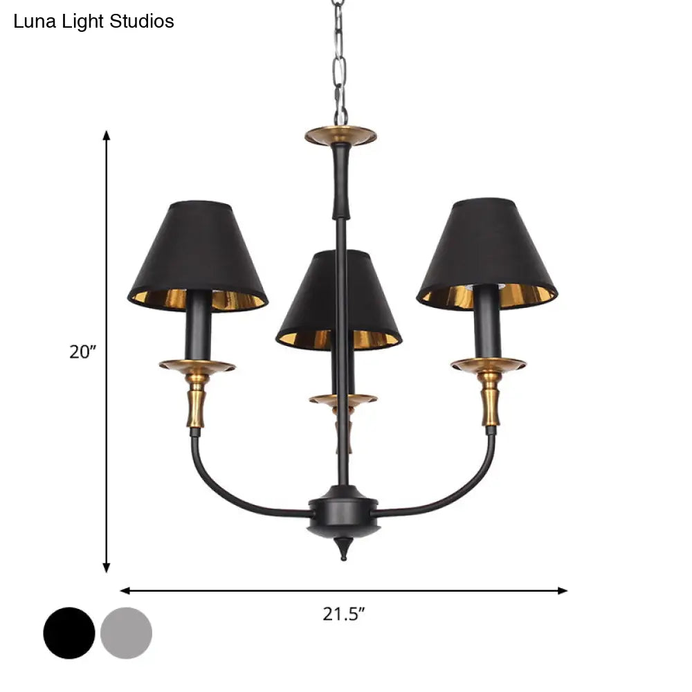 Classic Cone Shape Chandelier - Fabric Pendant In Black/Chrome With Swooping Arm 3/4/6 Head Options