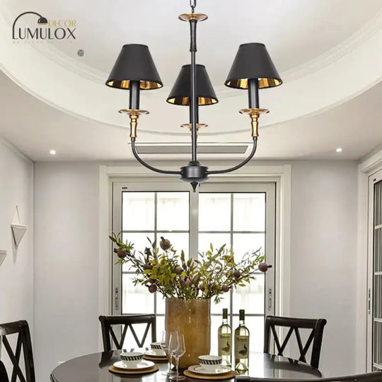 Traditional Cone Shape Chandelier 3/4/6-Head Fabric Hanging Pendant In Black/Chrome With Swooping