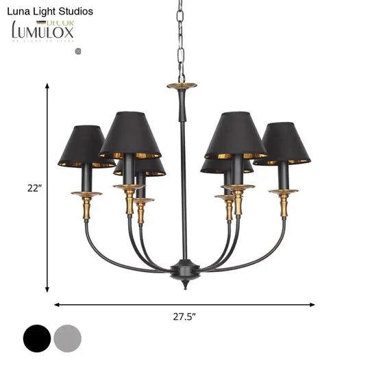 Traditional Cone Shape Chandelier 3/4/6-Head Fabric Hanging Pendant In Black/Chrome With Swooping