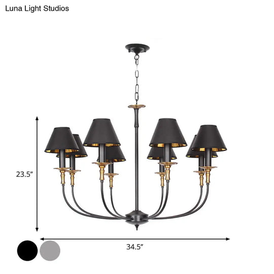 Classic Cone Shape Chandelier - Fabric Pendant In Black/Chrome With Swooping Arm 3/4/6 Head Options