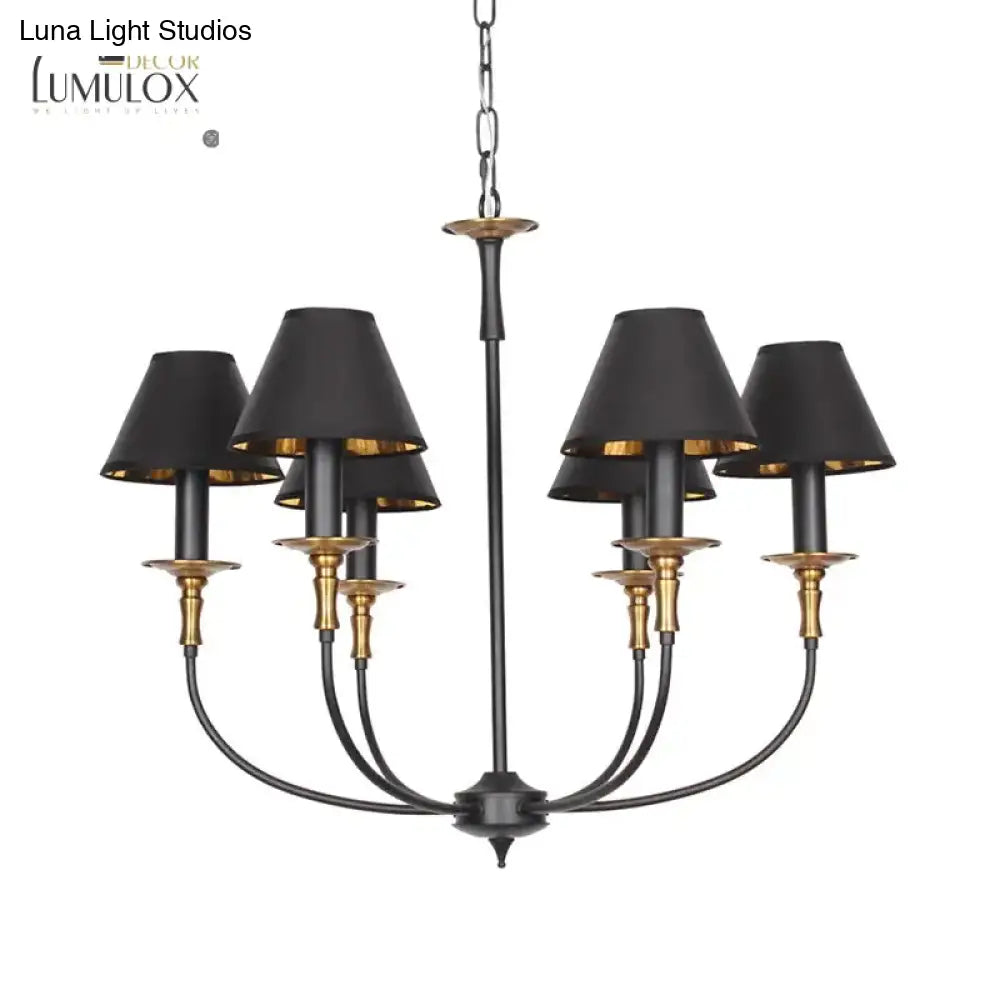 Traditional Cone Shape Chandelier 3/4/6-Head Fabric Hanging Pendant In Black/Chrome With Swooping