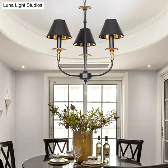 Classic Cone Shape Chandelier - Fabric Pendant In Black/Chrome With Swooping Arm 3/4/6 Head Options