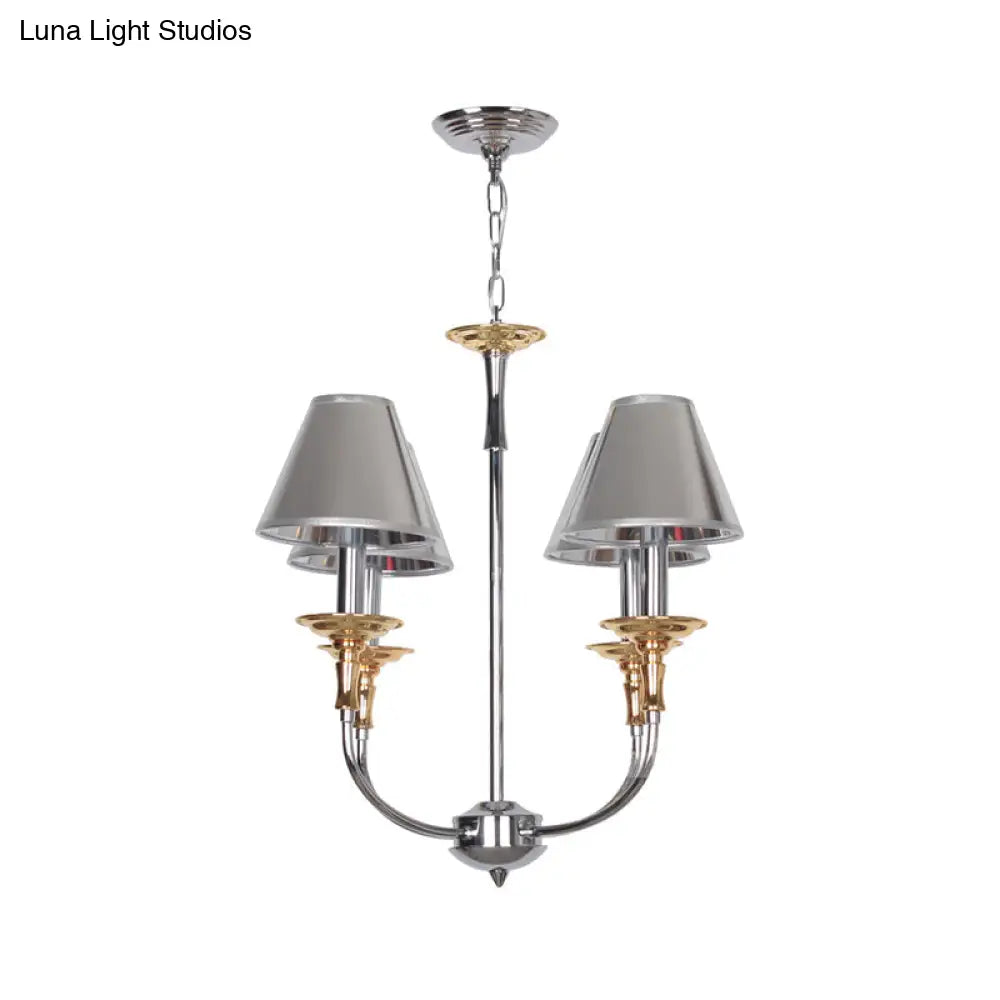 Classic Cone Shape Chandelier - Fabric Pendant In Black/Chrome With Swooping Arm 3/4/6 Head Options